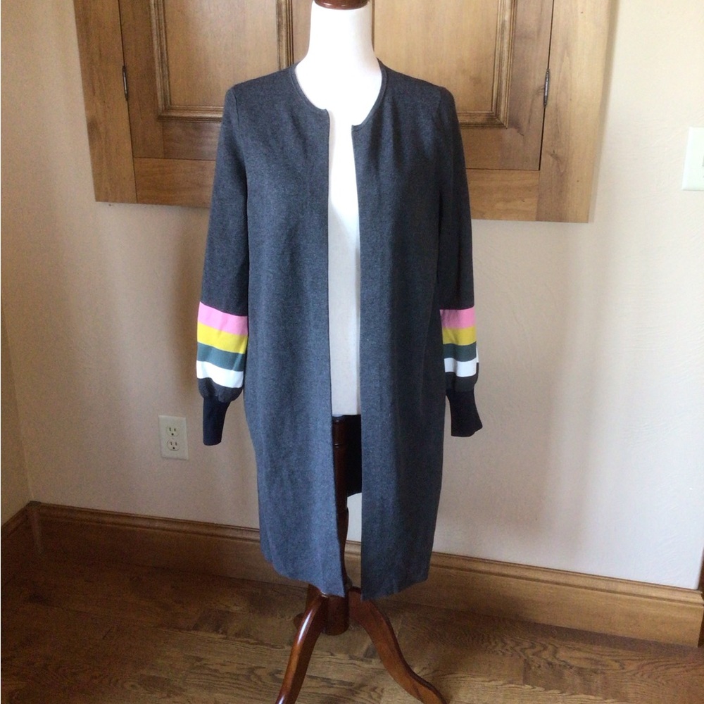 Boden Gray open front cozy Long Cardigan with Colorful Striped Sleeves